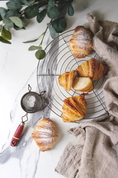 Croissant Caseiro Inteiro Fatiado Com Açúcar Rack Refrigeração Decorado Por — Fotografia de Stock