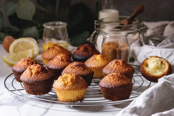 Vers Gebakken Zelfgemaakte Citroen Cake Muffins Permanent Koeling Rack Met — Stockfoto