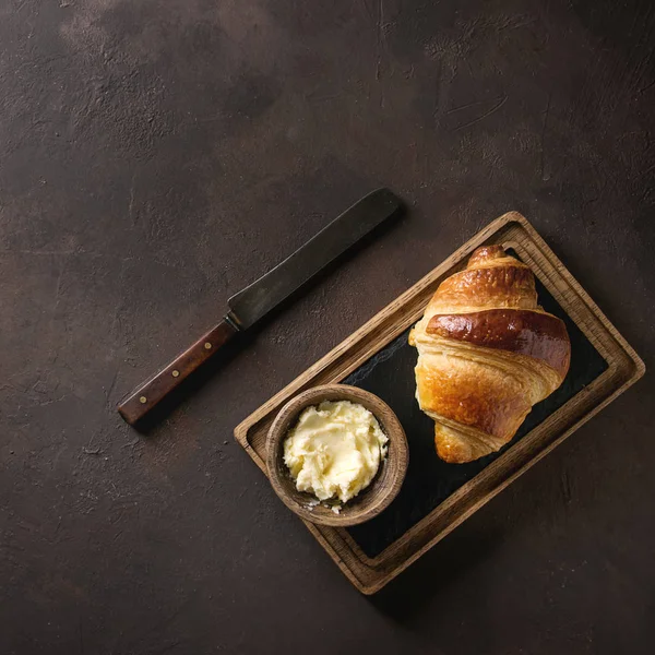 Fresh Baked Traditional Croissant Wooden Slate Serving Board Butter Vintage — Stock Photo, Image