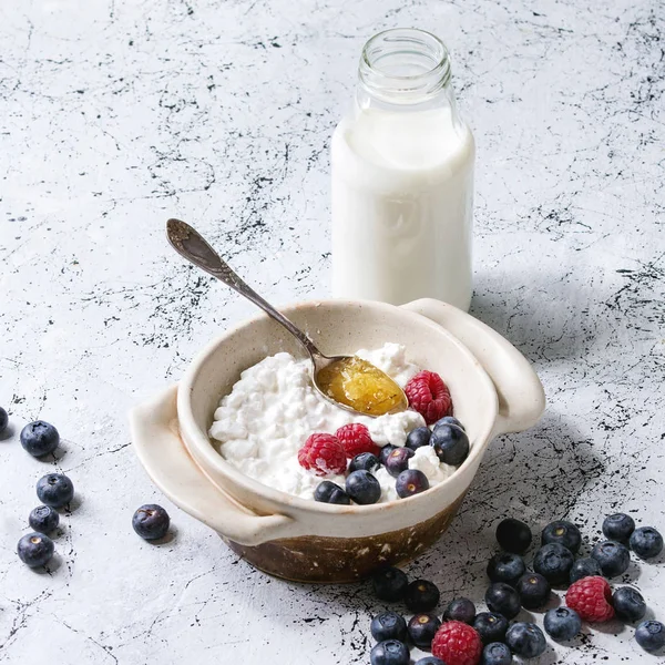 Ev yapımı peynir seramik kase beyaz mermer doku arka plan üzerinde yaban mersini, ahududu, şişe süt ve peteğin ile görev yaptı. Uzay kopyalayın. Kare görüntü