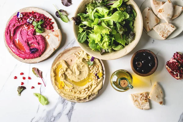 Variety Homemade Traditional Beetroot Spread Hummus Pine Nuts Olive Oil — Stock Photo, Image