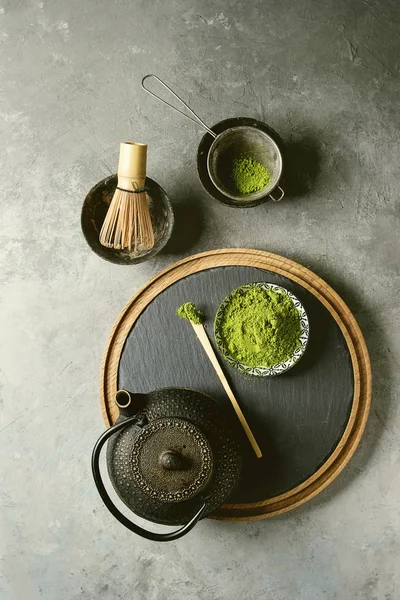 Ingredients Making Matcha Drink Green Tea Matcha Powder Ceramic Bowl — Stock Photo, Image