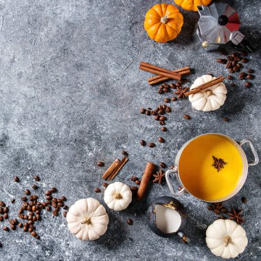 Aşçı baharatlı Sütlü Balkabağı için malzemeler. Kahve demliği, kabak süt, baharat, kahve çekirdekleri ve gri doku arka plan üzerinde yukarıda dekoratif kabak ile krem sürahi. Düz lay, alan. Kare görüntü