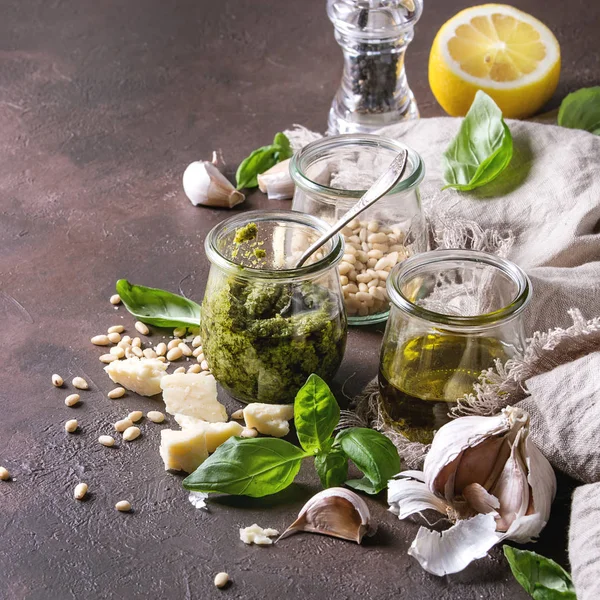 Traditional Basil Pesto Sauce Glass Jar Ingredients Fresh Basil Olive — Stock Photo, Image