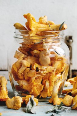 Mavi Beyaz ahşap mutfak masasında cam kavanoza çiğ çiğ Chanterelles orman mantar. Rustik tarzı, gün ışığı, yakın çekim