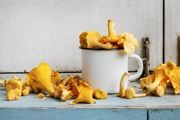 Rohe Rohe Pfifferlinge Waldpilze Weiß Emailliertem Becher Auf Blauweißem Küchentisch — Stockfoto