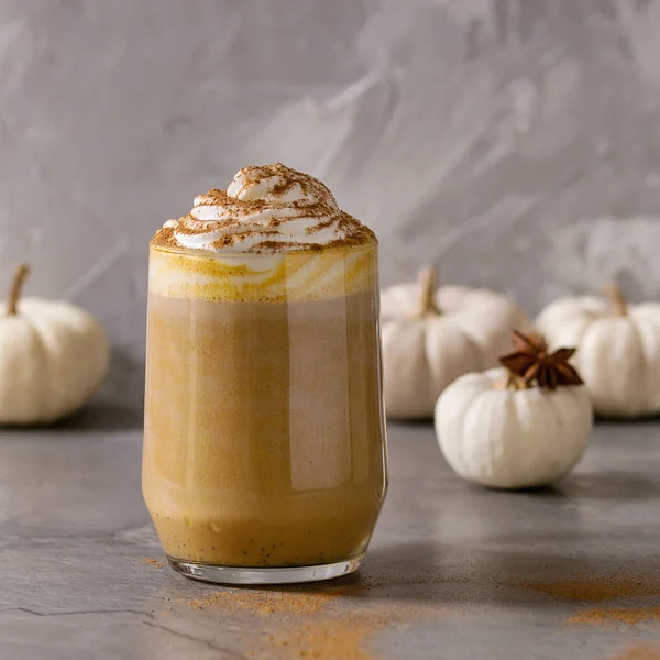 Bir bardak kahve demliği ve dekoratif beyaz kabak ile gri mutfak masasında çırpılmış krema ve tarçın ayakta ile baharatlı Sütlü Balkabağı. Kahve çekirdekleri ve baharat yukarıda. Kare görüntü