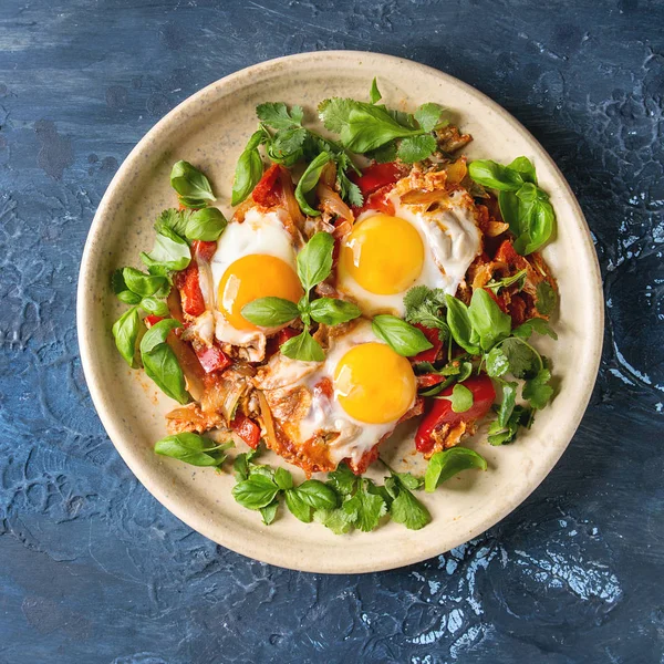 Cozinha Tradicional Israelense Pratos Shakshuka Ovo Frito Com Legumes Tomates — Fotografia de Stock