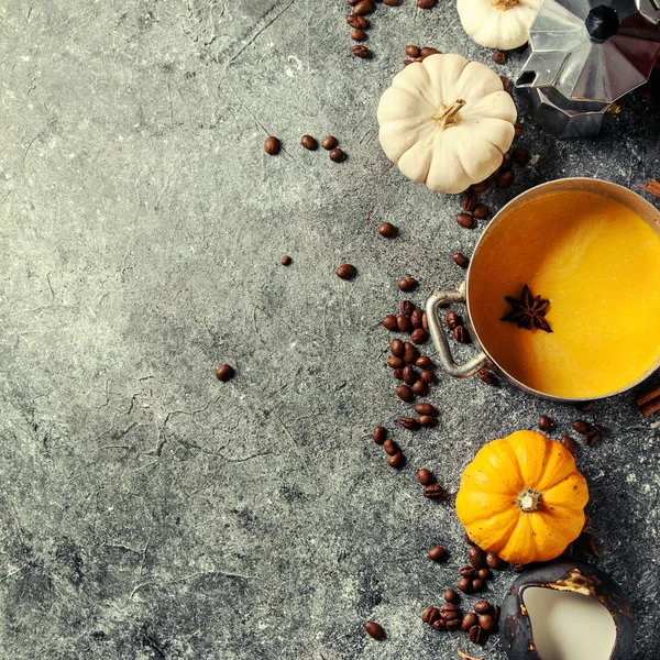 Aşçı baharatlı Sütlü Balkabağı için malzemeler. Kahve demliği, kabak süt, baharat, kahve çekirdekleri ve gri doku arka plan üzerinde yukarıda dekoratif kabak ile krem sürahi. Üstten görünüm alanı. Kare görüntü