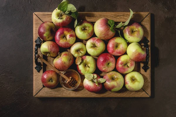 Ripe Organic Gardening Green Red Apples Leaves Jar Honey Wooden — Stock Photo, Image