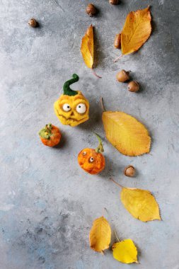Komik zanaat Cadılar Bayramı fötr pumpkins jack o fener tatil dekor sarı sonbahar yaprakları ve meşe palamutları ile gri doku arka plan üzerinde iğne. Yat, alanı Kopyala