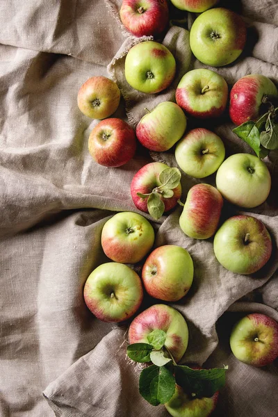 Ripe Gardening Green Red Apples Leaves Linen Cloth Background Flat — Stock Photo, Image