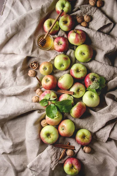 Ripe Organic Gardening Green Red Apples Leaves Walnuts Cinnamon Jar — Stock Photo, Image