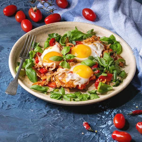 Cozinha Tradicional Israelense Pratos Shakshuka Ovo Frito Com Legumes Tomates — Fotografia de Stock