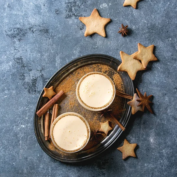 Eggnog Christmas Milk Cocktail Cinnamon Served Two Glasses Vintage Tray — Stock Photo, Image