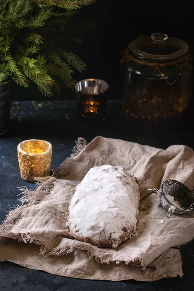 Whole Christmas Cake Traditional German Festive Baking Wholegrain Stollen Raisins — Stock Photo, Image