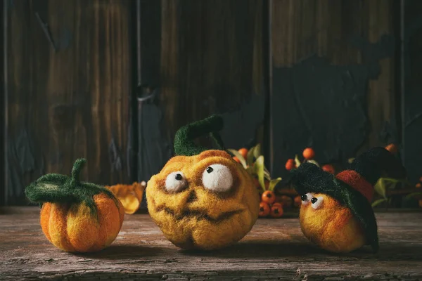 Variety Funny Craft Halloween Needle Felted Pumpkins Jack Lantern Holiday — Stock Photo, Image