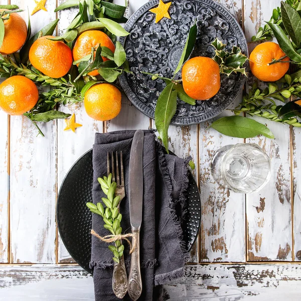Decorazioni Tavola Natalizia Con Clementine Mandarini Con Foglie Rami Tavola — Foto Stock