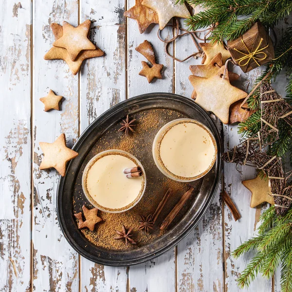 Eggnog Christmas Milk Cocktail Cinnamon Two Glasses Shortbread Star Shape — Stock Photo, Image