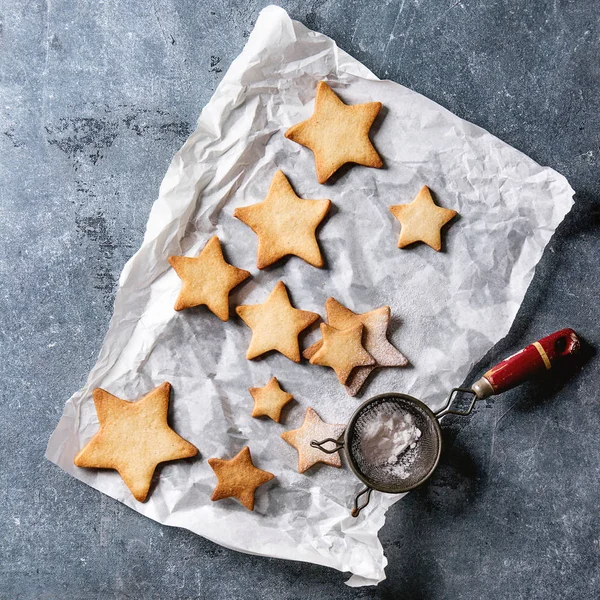 Homemade Shortbread Star Shape Sugar Cookies Different Size Sugar Powder — Stock Photo, Image