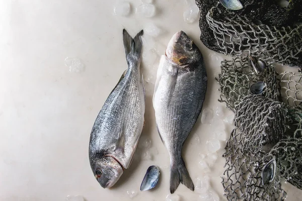 Два Сырых Сырых Невареных Морских Леща Рыбы Дорадо Льду Старыми — стоковое фото