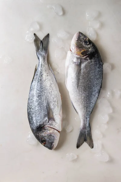 Dois Peixes Crus Eviscerados Peixes Dorados Gelo Sobre Fundo Mármore — Fotografia de Stock