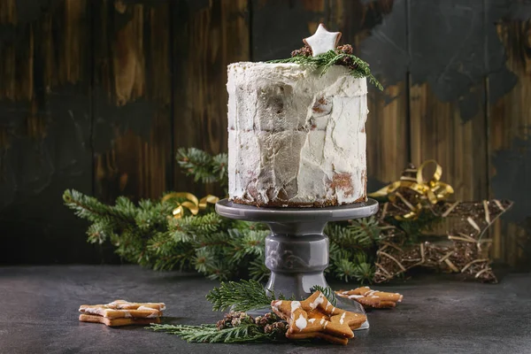 Natal Bolo Branco Caseiro Decorado Por Biscoito Estrela Ramos Thuja — Fotografia de Stock