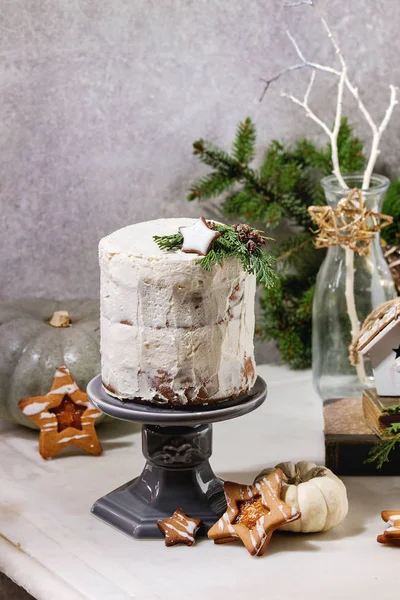 Autumn Homemade White Naked Cake Decorated Rated Star Cookie Green — Stock Photo, Image