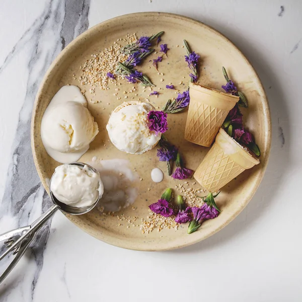 집에서 만드는 바닐라 아이스크림 대리석 보라색 세라믹 플레이트에 숟가락 공간입니다 — 스톡 사진