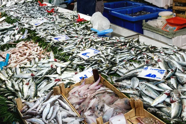 Der Türkische Bauernmarkt Vielfalt Frischem Fisch Und Garnelen Mit Preis — Stockfoto