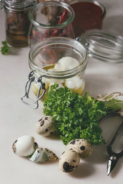 Ingredients Homemade Pickled Marinated Quail Eggs Eggs Plastic Box Tomato — Stock Photo, Image