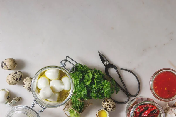 Ingredients Homemade Pickled Marinated Quail Eggs Boiled Eggs Olive Oil — Stock Photo, Image