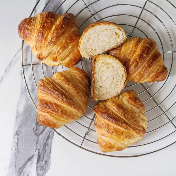 Homemade Croissant Whole Sliced Cooling Rack White Marble Background Flat — Stock Photo, Image