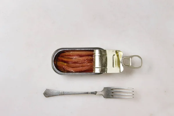 Pickled Salted Anchovies Fillet Oil Open Tin Can Fork White — Stock Photo, Image