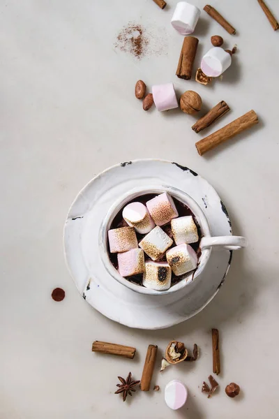 Ceramic Cup Hot Chocolate Marshmallow Mores Ingredients White Marble Table — Stock Photo, Image