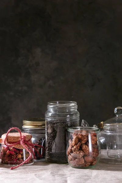 Tea Collection Black Dry Tea Jar Rose Buds Empty Glass — Stock Photo, Image