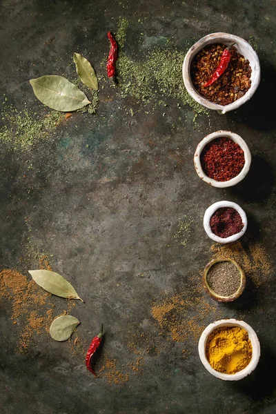 Fűszer Fűszerkeverék Gyógynövények Különböző Kerámia Tálat Sorában Különböző Őrölt Paprika — Stock Fotó