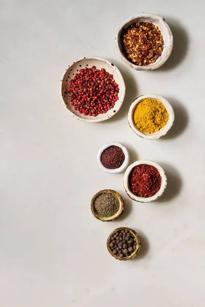 Spices Seasoning Herbs Variety Ceramic Bowls Different Ground Peppers Chili — Stock Photo, Image