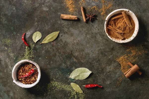 Spices Seasoning Herbs Variety Ceramic Bowls Red Hot Chili Chili — Stock Photo, Image