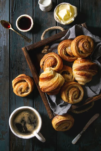 Variety Homemade Puff Pastry Buns Cinnamon Rolls Croissant Served Coffee — Stock Photo, Image