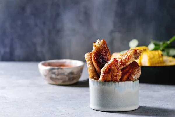 Bbq Spicy Chicken Wings Served Ceramic Bowl Red Sauce Grilled — Stock Photo, Image