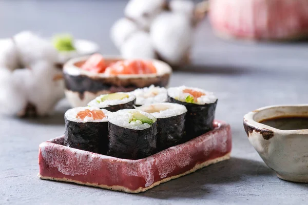 Sushi Rolls Set Pink Ceramic Serving Plate Bowls Soy Sauce — Stock Photo, Image