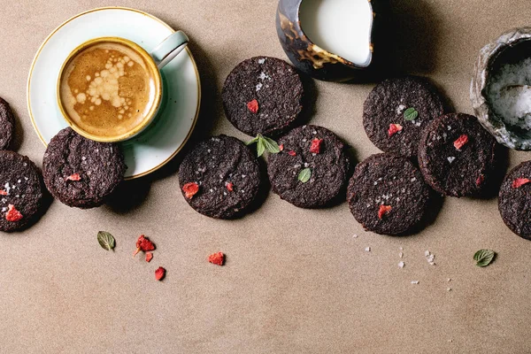 Homemade Dark Chocolate Salted Brownies Cookies Decorated Dry Fresh Raspberries — Stock Photo, Image