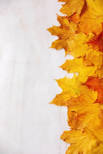 Rote Und Gelbe Herbstahornblätter Auf Weißem Marmorhintergrund Flach Lag Herbst — Stockfoto