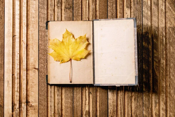 Opened Old Vintage Book Yellow Autumn Maple Leaf Wooden Plank — Stock Photo, Image