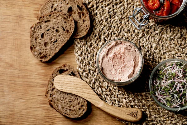 Glass Jar Homemade Chicken Liver Pate Wooden Knife Sliced Rye — Stock Photo, Image