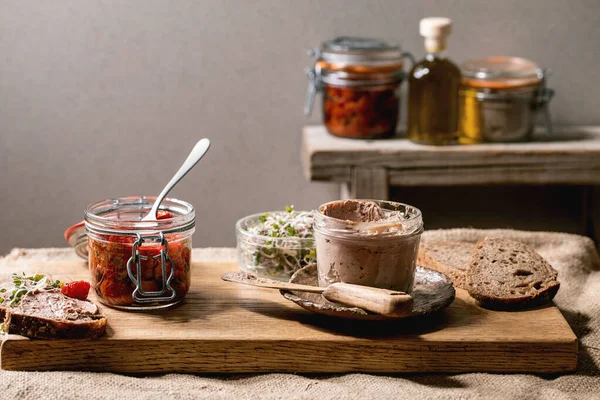 Pot Verre Pâté Foie Poulet Fait Maison Avec Pain Seigle — Photo