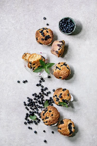 Homemade Blueberry Muffins Paper Cupcake Holder Decorated Fresh Berries Mint — Stock Photo, Image