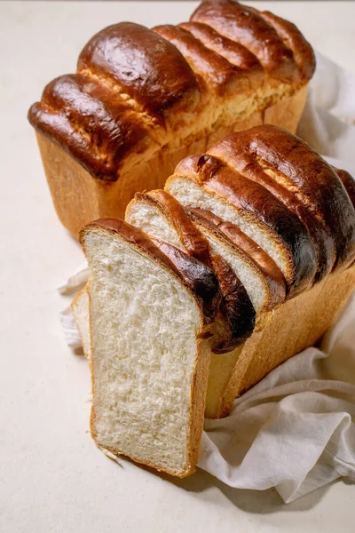 Homemade Hokkaido Wheat Toast Bread Whole Sliced White Cloth Table — Stock Photo, Image