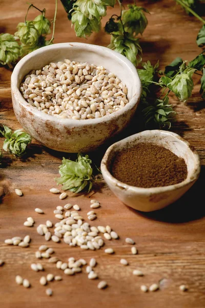 醸造のためだ 木製の背景の上にセラミックボウルに新鮮な緑のホップコーン 小麦の穀物と赤発酵麦芽 — ストック写真
